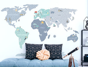 Pastelowelove Blue World Map Wall Stickers
