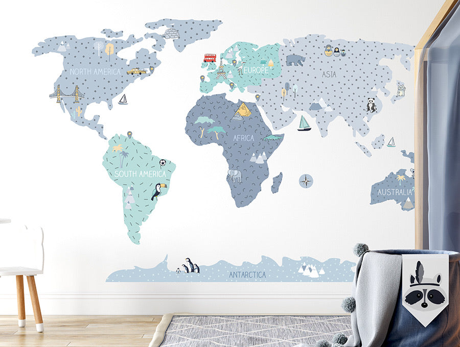 Pastelowelove Blue World Map Wall Stickers